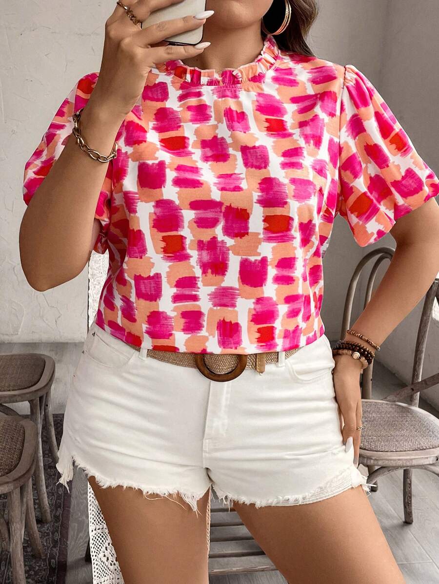 SHEIN LUNE Plus Size Women's Random Printed Simple Daily Shirt - Multicolor - View 1