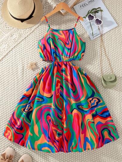 Sparklyn Holiday,Summer,TravelTween Girl Vacation Casual Random Printed Low Waist Strap Dress