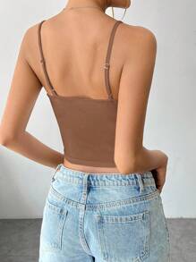 SHEIN EZwear Camiseta deportiva de mujer unicolor de verano con sujetador incorporado - Marrón - Ver 2
