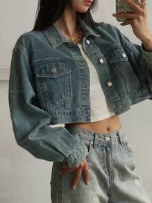 DAZY Chaqueta de mezclilla corta casual lavada - Azul lavado medio - Ver 1