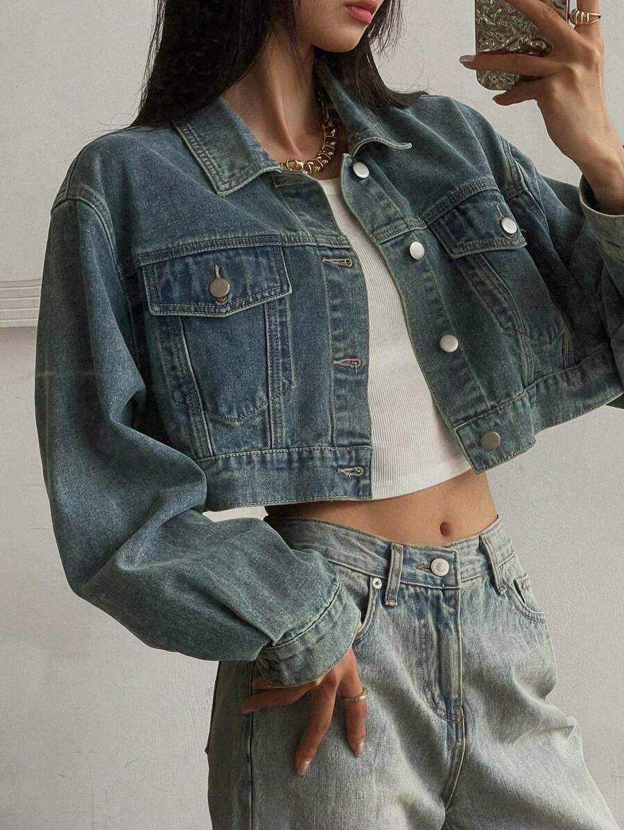 DAZY Chaqueta de mezclilla corta casual lavada - Azul lavado medio - Ver 1