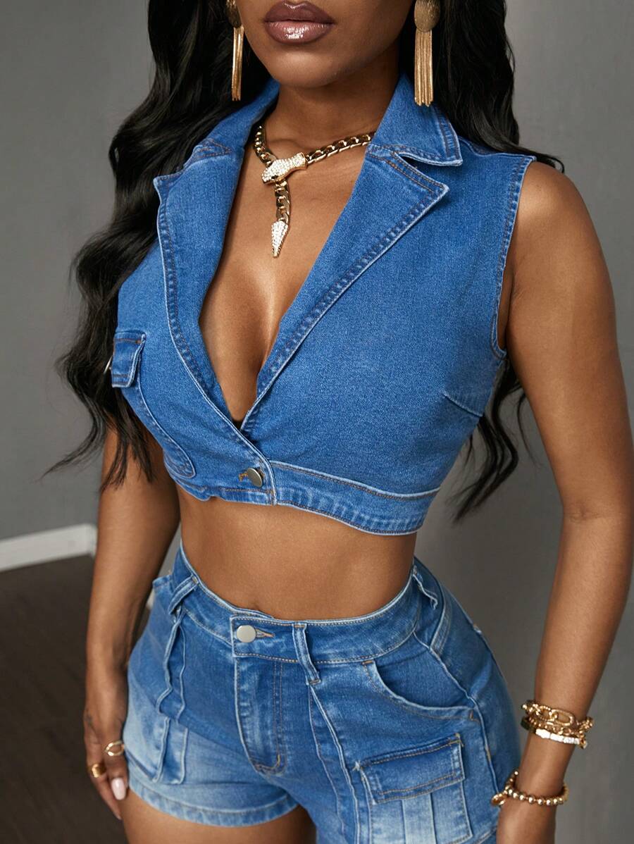 SHEIN Slayr 女士夏季無袖單排扣轉領牛仔短上衣