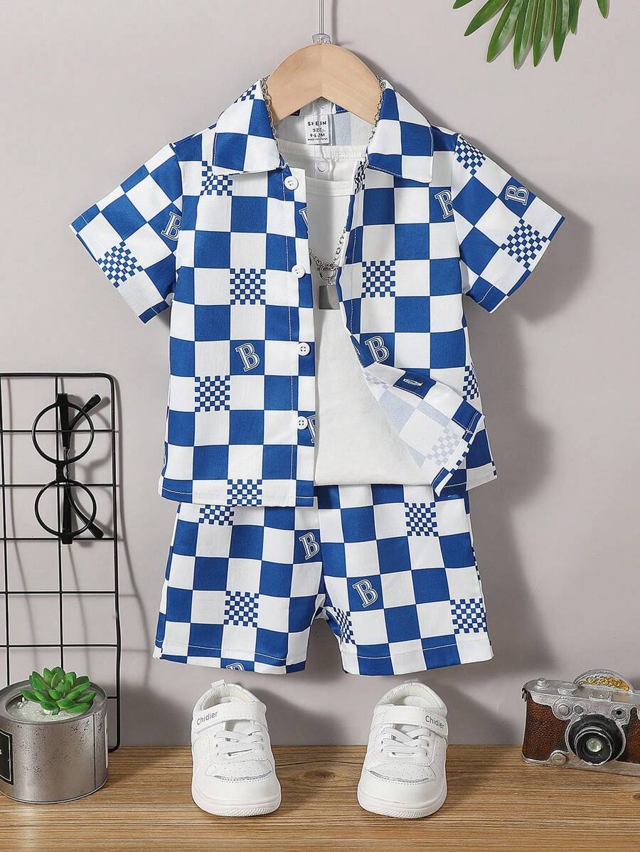 Bộ 2 chiếc áo tay ngắn in chữ và kẻ sọc thông thường - Màu xanh lam - Xem 1