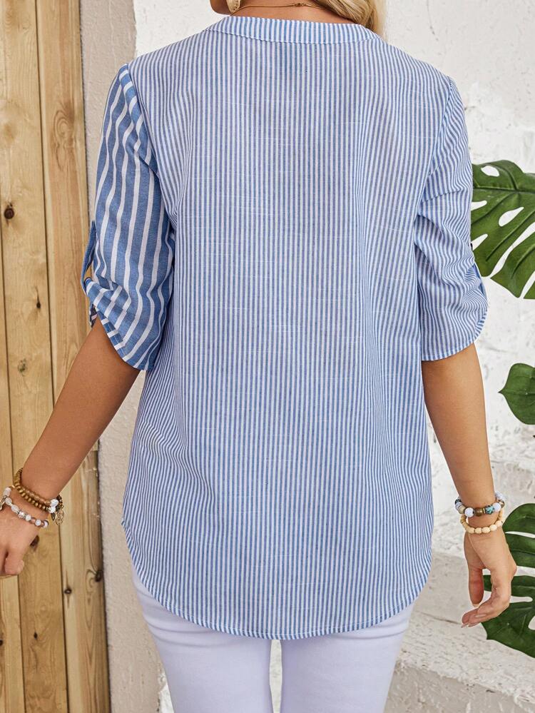 Women's V-Neck Striped Cuff Casual Loose Blouse