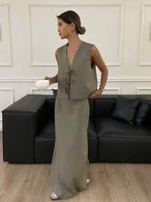 DAZY 纯色背心+裙子设计系带两件套女夏季