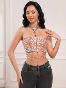 Top de style ras-du-cou en bandage avec strass, sexy et noble, fait main - Orange - Voir 3