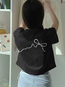 DAZY Women's Short Sleeve T-Shirt With Bow Embroidery On Round Neck Graphic Tee - Black - View 2