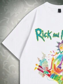 ROMWE MEN Rick and Morty | ROMWE 男士休闲运动卡通人物字母印花短袖 T 恤和抽绳腰短裤套装，夏季，学校