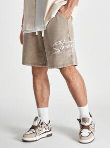 Manfinity VCAY Men's Loose Fit Straight Leg Knitted Shorts With English Print, Suitable For Summer