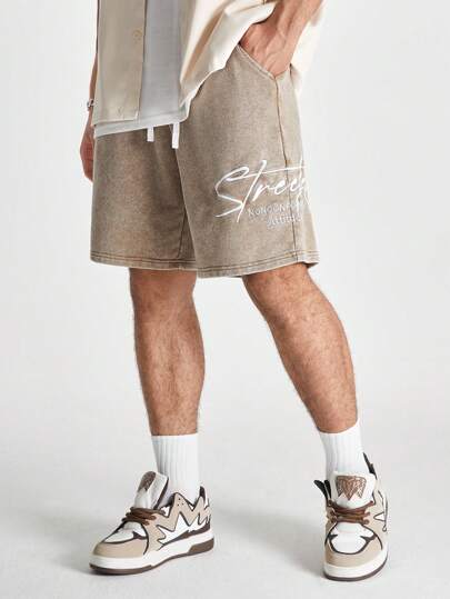 Manfinity VCAY 男款寬鬆直筒英文字織短褲，適用於夏天