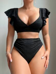 SHEIN Swim 女士夏季海滩纯色心形领口比基尼套装，带荷叶边比基尼套装分体 - 黑色 - 查看 4