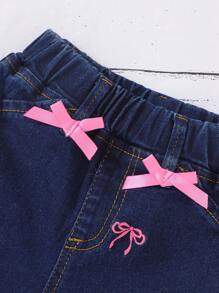 寶寶女孩磨邊可愛刺繡裝飾荷葉邊牛仔褲 - 深色水洗藍 - 查看 6