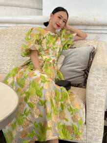 Heavy Jacquard Embroidered Formal Evening Dress Elegant Prom Wedding Guest Gown, For Graduation, Dinner Party Dress