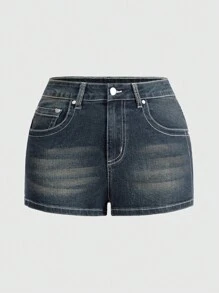 ROMWE Grunge Punk Shorts di jeans di taglia grande da donna, con ricami punk di ali e teschi, decorati con strass, adatti per la scuola