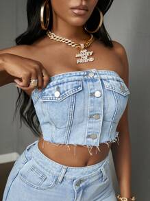 Slaydiva 夏季時尚前開鈕扣修身短身丹寧上衣 - 淺色水洗藍 - 查看 5