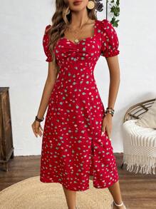 Breezaya Vestido de manga curta com decote quadrado estampado floral com franzido no peito e fenda na coxa, verão - Vermelho - Visão 1