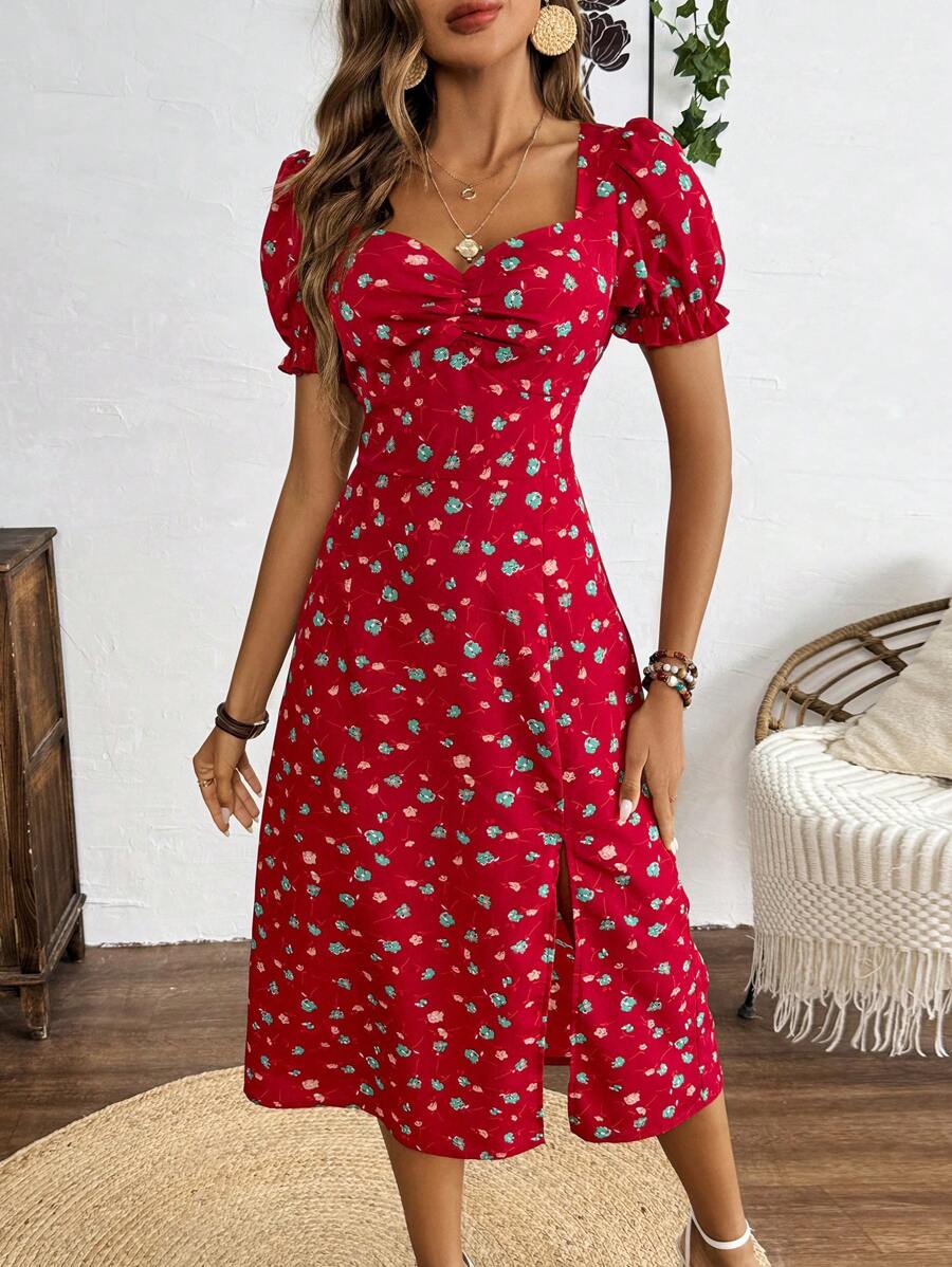 Breezaya Vestido de manga curta com decote quadrado estampado floral com franzido no peito e fenda na coxa, verão - Vermelho - Visão 1