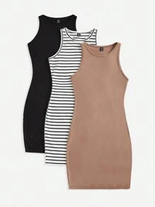 SHEIN LUNE Sport Game  Day Tracksuit  Women's 3pcs Athleisure Sports Tracksuit Set - Ribbed Crew Neck Sleeveless Fitted Dress & Contrast Trim