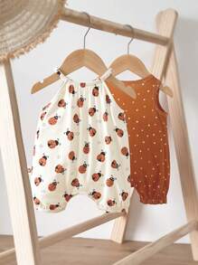 Cozy Pixies Newborn Baby Girl/Boy Multicolor Cartoon Insect/Animal Pattern Knitted Soft Comfortable Breathable Round Neck Sleeveless Romper Shorts, 2pcs Set, With Opening Buttons, Suitable For Summer Leisure Outfits At Home, Outdoors, Vacations, Travels, Beach, Seaside, Etc.