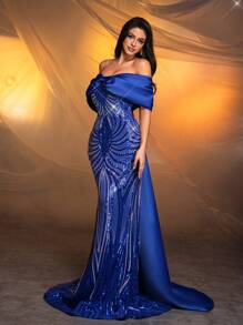 SHEIN Belle Vestido de Festa Longo Feminino de Sereia Bordado Cintilante, Decote Tomara que Caia com Laço, Cetim Elegante (Modelo Pesado), Para Formatura, Jantar, Casamentos e Eventos Formais - Azul Royal - Visão 7