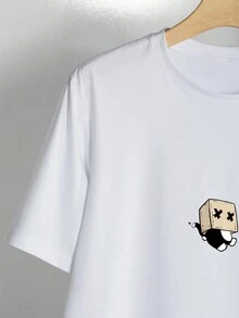 Manfinity Hypemode Áo thun nam tay ngắn cổ tròn tối giản in họa tiết, trang phục hàng ngày - trắng - Xem 5