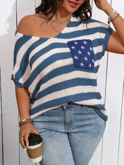 Calvaya Camiseta de talla grande con mangas murciélago y estampado de rayas, de punto para el verano