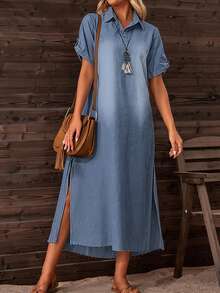 Women's Lapel Split Casual Summer Short Sleeve Denim Dress - Blue - View 3