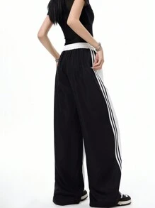 SHEIN Coolane 女士街头运动休闲装 返校运动装 休闲撞色条纹纹理装饰系带裤 - 黑與白 - 查看 2