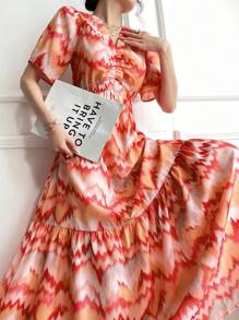 Seusyu Vestido largo informal de verano con técnica de teñido anudado y cintura fruncida - Rojo - Ver 6
