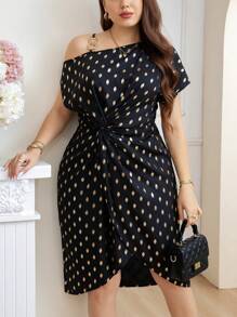 SHEIN Clasi Plus Size Women's Oblique-Shoulder Printed Simple Everyday Dress - Black - View 1