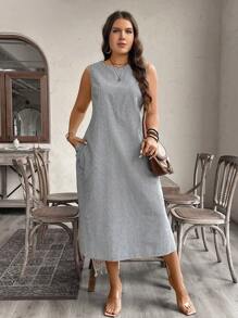 SHEIN LUNE Plus Size Teacher Clothes Fall Woven Colorful Striped Sleeveless Double Pocket A-Line Long Dress Comfortable - Black and White - View 2