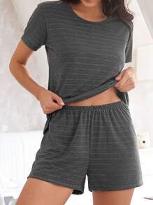 SHE(IN) BRASIL Pijama Short Doll Meia Malha Manga Curta Listrado Liso Feminino - 深灰色 - 查看 1