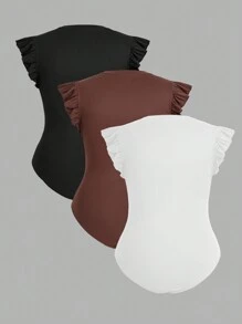 SHEIN Essnce Plus Size Women's Summer Casual Comfortable Slim Fit 3-Pack Bodysuit, Summer Clothes For Women, Cute Women's Tops,Summer Outfits - Multicolor - View 2