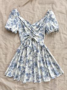 Soleia Robe à manches bouffantes plissées rétro à fleurs multi-couleurs avec décolleté en cœur, taille cintrée, en ligne A, pour les vacances décontractées et romantiques des femmes - Multicolore - Voir 5