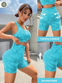 Easithlete 迷彩印花宽腰带运动套装健身女士套装 - 薄荷綠 - 查看 4