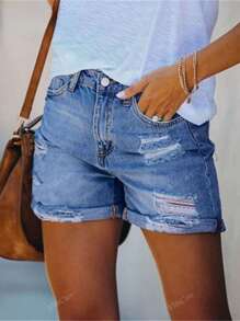 Shorts vaqueros casuales de mujer con efecto lavado y desgastado versátil a la moda