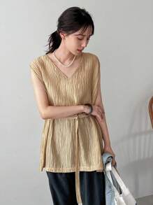 FRIFUL Women's Solid Color Textured V-Neck Waist Belt Tank Top - Khaki - View 11