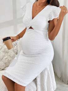 SHEIN Vestido casual de manga corta para embarazadas con cuello en V de unicolor, diseño de abullonado, calado y bordado, para el verano