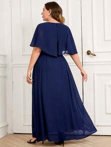 MIUSOL Plus Lace Bodice Butterfly Sleeve Chiffon Formal Party Dress Elegant Prom Evening Wedding Guest Gown, For Graduation, Dinner - Navy Blue - View 2