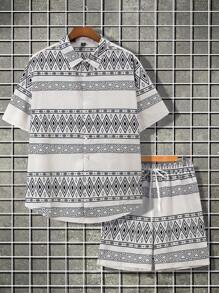 Manfinity Homme Set de camiseta de manga corta y shorts estampados simples para hombres
