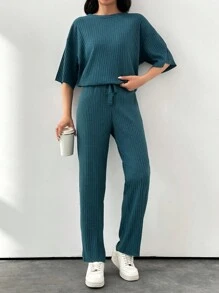 EURMUSE Ladies" Simple Solid Color Short-Sleeve T-Shirt And Long Pants Two-Piece Set - Navy Blue - View 4