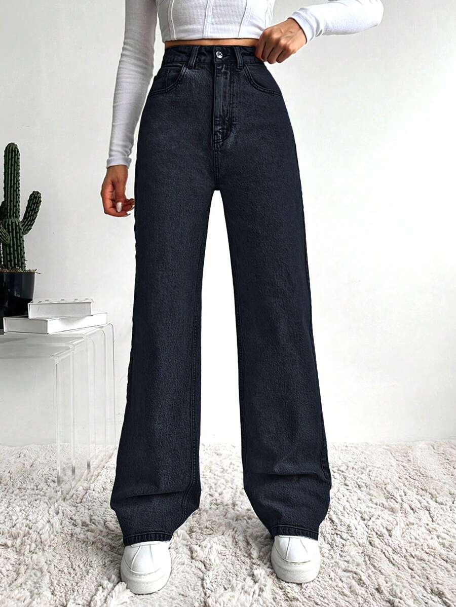 SHEIN Cottnline Solid Color Casual Straight Leg Jeans - Dark Grey - View 1