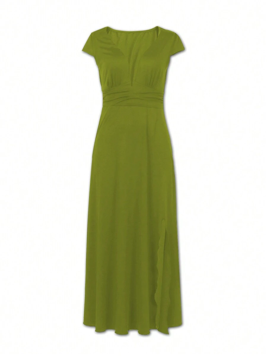 Breezaya Women's Solid Color Simple Daily Deep V-Neck Dress - Green - View 1