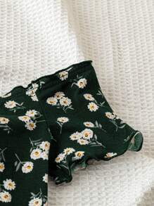 Soleia Body con olanes de hombros descubiertos y estampado floral diminuto sobre fondo negro para vacaciones femeninas - Verde Oscuro - Ver 4