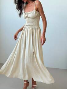 Aloruh 優雅細肩帶無袖露背束腰長A字裙，擺綑式下擺，春夏款 - 杏色 - 查看 5