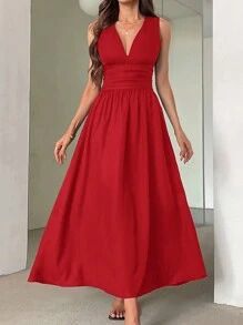 SHEIN Privé 女士法式風格高腰褶裥裙，無袖V領優雅2024新款連衣裙 - 紅色 - 查看 7