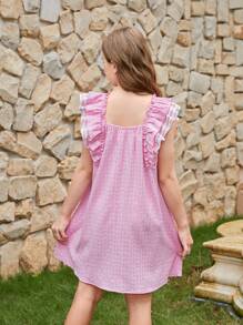 Vestido Simples A-Line Solto de Duas Camadas com Patchwork Listrado e Mangas Babados para Meninas Pré-adolescentes