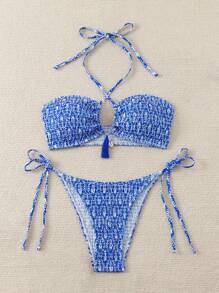 SHEIN Swim 1set Women's Vacation Beach Halter Bikini Set (Random Print) For Summer - Blue - View 6