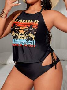 SHEIN Swim Curve Plus Size Women's Printed Simple Daily Vest Tankini Summer