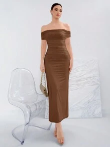 Aloruh Elegant Summer Slim Fit Ruched Off Shoulder Dress - Brown - View 1